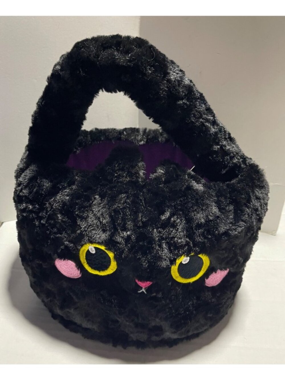Black Plush Cat Halloween Candy Bucket With Handle Purple Interior Holiday Decor